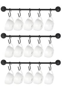 lot 19509 image: Mkono Mug Holder Wall Mounted Coffee Cup Rack Hanger Modern Metal Wall Rack with 15 Mug Hooks Rustic Utensil Tea Cups Storage Organizer for Kitchen Dining Room Coffee Bar, Set of 3, Black - Retail $20