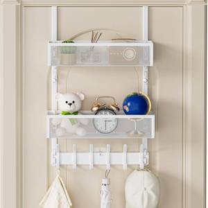 lot 19526 image: Aimeaihe Over The Door Hooks Organizer, Over Door Storage with 12 Coat Hooks and 2 Mesh Basket, Bathroom Door Organizer Towel Rack Back of Door Hanger Organizer for Bedroom, Kitchen(White) - Retail $20