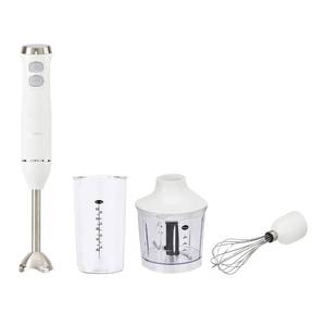 lot 19529 image: Amazon Basics 300W 4-In-1 Immersion Blender Handheld, Emulsion Blender With Blending Stick, Whisk, Chopper and Beaker, Continuous Speed Control And Turbo Mode, 5-ft Power Cord, White - Retail $31