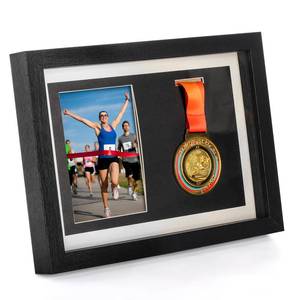 lot 19533 image: Hacaroa Medal Display Shadow Box, Single Medal and Photo Display Frame Case, Wood Marathon Medal Storage Box for Runners, All Sports Winners, Military Awards, Black - Retail $23