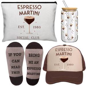 lot 19549 image: Boao 4 Pcs Espresso Martini Gift Sets with Glass Cup Socks Cosmetic Bag Hat Stuff Martini Birthday Gifts for Espresso Bachelorette Bridal Shower Party - Retail $21