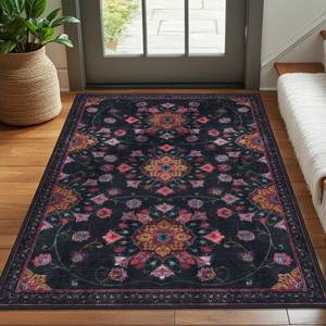 lot 19555 image: Alfasoft Washable Modern Floral Area Rug 3x5 Black Low Pile Ultra Thin Soft Print Flower Entryway Rug for Bedroom, Bedside, Kitchen, Hallway, Kids Room, Office, College, Dorm - Retail $40