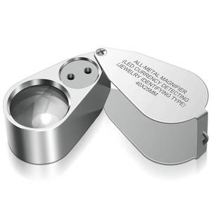 lot 20155 image: Leffis 40X Jewelers Loupe Magnifier Magnifying Glasses, LEDUV Illuminated Jewelry Loop Pocket Folding Magnifying Glass with Metal Construction for Close Work, Gardening, Kids, Stamp, Rock Collecting - Retail $9