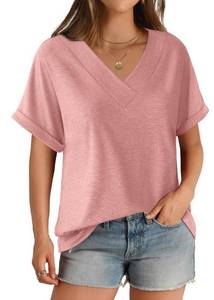lot 20164 image: GKBK Womens Short Sleeve T Shirts V Neck Loose Fit Shirts Summer Casual Basic Tee Tops Rose M - Retail $15