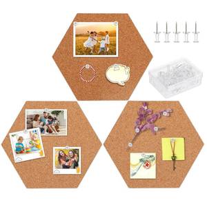 lot 20166 image: FEBSNOW 3 Pack Self-Adhesive Cork Board Tiles Hexagonal Cork Board Mini Wall Bulletin Board with 50 Multi-Color Push Pins - Retail $9