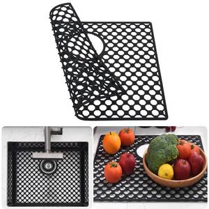 lot 20186 image: Brovy Black Silicone Sink Mats,18.6x 15.6 Kitchen Sink Mats for Bottom of Stainless Steel Porcelain Sinks, Heat Resistant Non-Slip Foldable Silicone Sinks Protector Mat with Rear Drain - Retail $15