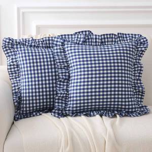 lot 20200 image: K MASANIJI 2 Pack Navy Blue White Plaid Ruffle Gingham Throw Pillow Covers, 100% Washed Cotton Checkered Farmhouse Decorative Pillow Shams for BedSofa - 18x18in - Retail $24in