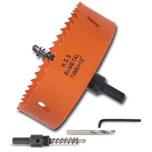 lot 20218 image: VIKITON 4.5 inch Hole Saw with Arbor for Metal Wood Plastic, 4-12 in Bimetal Hole Cutter for Different Project with Smooth and Flat Drilling Edge, Fast Chip Removal - Retail $15