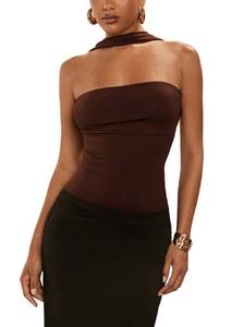 lot 6057 image: SOLY HUX Womens Sleeveless Halter Bodysuit Open Back Body Suits Sexy Party Slim Fit Backless Tops Pure Brown Small - Retail $20