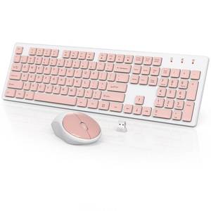 lot 6058 image: Wireless Keyboard and Mouse, WisFox Full-Size Wireless Mouse and Keyboard Combo, 2.4GHz Silent USB Keyboard Mouse Combo for PC Desktops Computer (Pink and White) - Retail $18