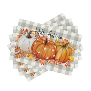lot 6063 image: Fall Placemats Set of 4, 12x18 Inch Thanksgiving Table Mats Double-Layer Buffalo Plaid Pumpkin Leaves, Vintage Harvest Seasonal Autumn Decor, Kitchen Or Outdoor Dining Table, Home Decorations - Retail $13