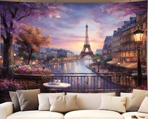 lot 6074 image: QGHOT Vintage Paris Tapestry Wall Hanging Eiffel Tower Backdrop French Themed Cityscape Tapestry Cafe Decor Romantic City Wall Art for Bedroom Paris Theme Party Decorations 59.1x51.2in - Retail $13in