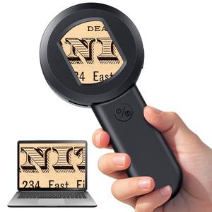 lot 6085 image: Hayve Digital Magnifier with 2inch IPS Screen 100X Magnifying Glass with Light, Magnifier for Reading, White and Purple Lights,Windows Compatible,32GB TF Card - Retail $30
