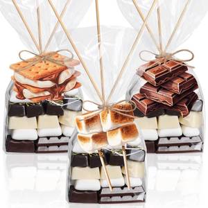 lot 6099 image: LemonRoad 100 Pcs Smore Fun Bags Set Includes Gusseted Flat Bottom Clear Cellophane Bags Smores Cotton Candy Chocolate Cookies Tags Bamboo Stick and Twine for Station Baked Goods - Retail $17