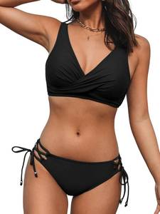 lot 6114 image: CUPSHE Women Swimsuit Bikini Set Wrapped Front Lace Up Back V Neck Two Piece Bathing Suit, L Pure Black - Retail $36