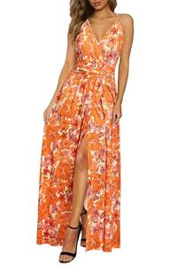 lot 6116 image: Newshows Womens 2025 Summer Maxi Dress Spaghetti Strap Spring Casual Boho V Neck Split Beach Long Flowy Dresses Trendy(Orange Floral Pink, Medium) - Retail $47