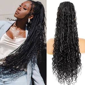 lot 6122 image: Lovenea Drawstring Ponytail for Women 24 inch Boho Box Braids with Long Wavy Hair Ponytail Extension Natural Black Synthetic Hair Extensions Ponytail for Daily Use (1B#, 24 Inch) - Retail $30