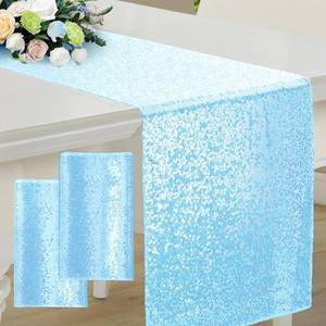 lot 6137 image: RUDONG M 2 Pack Light Blue Sequin Table Runner 12 x 108 Inch, Rectangle Glitter Table Runner Dining Table Centerpiece Decorations for Weddings, Banquet, Holiday, Birthday Party - Retail $12