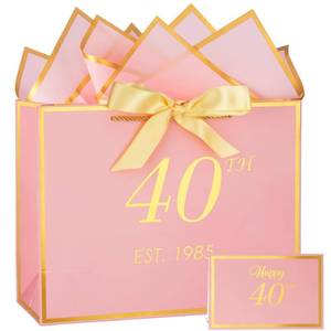 lot 12072 image: momoake 40th Birthday Gift Bag with Card and Tissue Paper for WomenHer, 1985 40 Year Old 13 Elegant Pink Gold Anniversary Keepsake Party Present Shopping Paper Bags for 40th Birthday Decorations - Retail $7in