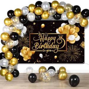 lot 12074 image: Tatuo Black and Gold Birthday Party Decorations 50 Pieces Gold Black Balloon Arch Garland Kit Happy Birthday Backdrop Banner Decorations for Kids Men Women Party Supplies Decor - Retail $14