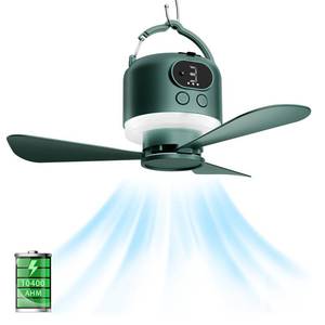lot 12086 image: geonfi Wireless Portable Ceiling Fan with Remote, 3-Blade Design, 10040mAh Battery Operated, USB Rechargeable Hanging Fan with Hook for Tent, Camping, Outdoor, Emergency Use(Green) - Retail $34