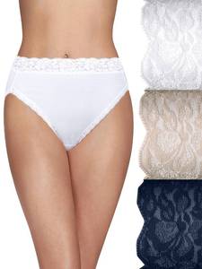 lot 12088 image: Vanity Fair Womens Flattering Lace Panties Lightweight and Silky with Superior Stretch, 3 Pack-WhiteBeigeNavy, 9 - Retail $10