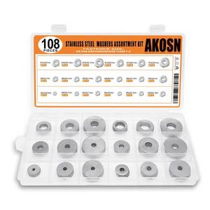 lot 12089 image: 108-Piece, 18 Size, Stainless Steel Flat Washers Assortment Kit, Metal Screw Washers Set for Bolts, Industrial, Covering M3, M4, M5, M6, M8, M10, M12 - Retail $8