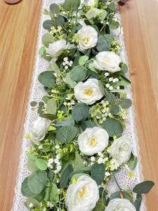 lot 12094 image: Aoztio 2 Pack 12Ft Artificial Eucalyptus Flower Garland with White Roses, Faux Floral Greenery Garland Fake Flower Vines for Wedding Party Centerpiece Table Runner Arch Party Decor (2PCS,White - Retail $22