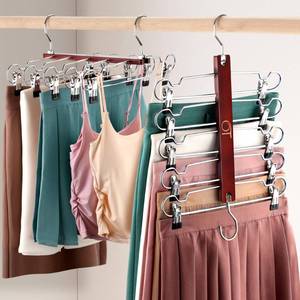 lot 12104 image: Outink 2 Pack Skirt Hangers with Clips, Space Saving Beechwood 5 Tier Pants Hangers with 360° Swivel Hook, Closet Organizer for Skirts, Pants, Tank Top-College Dorm Room Essentials (Brown)