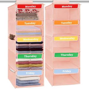 lot 12105 image: Oleitodh 2 Pack Weekly Hanging Closet Organizer for Kids, 5-Shelf Storage Shelves, Monday Through Friday Clothes Organizer, 32x11inx11in Pink - Retail $13,850in