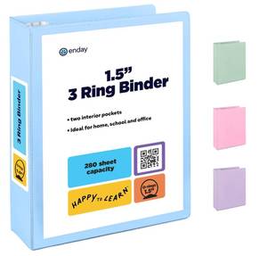 lot 12106 image: Enday 1.5 Inch Binder, Blue - 1.5 Inch 3 Ring Binder, Round Ring Pastel with Clear View Cover for Letter Size 8.5 x 11 Paper and 2 Inside Pockets, Ideal for School Supplies, Office, and Home - Retail $454