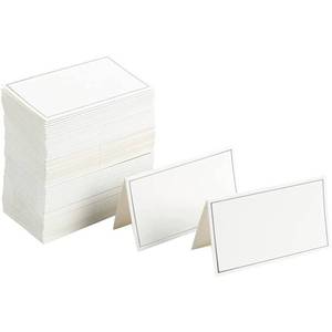 lot 12115 image: Best Paper Greetings Place Cards for Table Setting - 100-Pack 3.5 x 2 In White and Silver Foil Folded Tents - Wedding and Banquet Seating, Buffet Food Tags and Table Name Cards - Retail $9