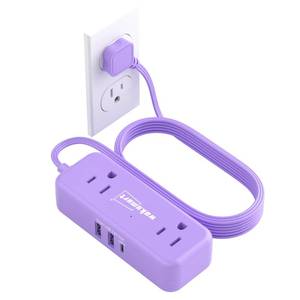 lot 12125 image: Purple Small Power Strip, 4 AC Outlets 3 USB Ports (17W Fast Charge), 5 Ft Flat Extension Cord, Travel Cute Kawaii Purple Desk Accessories - Retail $15