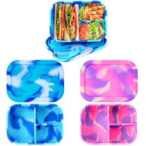 lot 12129 image: Layhit 2 Pcs Silicone Bento Box Reusable Silicone Bento Lunch Container for Adults Microwave Dishwasher Freezer Safe (3 Compartments,Pad Dyeing Colors) - Retail $23