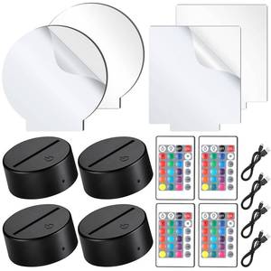 lot 12142 image: Honoson 4 Pieces 3D Night LED Light Lamp Base and 4 Pieces Clear Acrylic Sheets with Remote Control and USB Cable, Christmas DIY Acrylic Adjustable 16 Colors 4 Modes Set for Restaurant Room Shop Bar - Retail $22