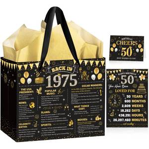 lot 12153 image: EoBeCy 50th Birthday Gift Bags for Men Women, Back in 1975 Gift Bag with Tissue Paper, Poster and Greeting Card, Black Gold Wrapping Paper for 50 Year Old Birthday Decorations - Retail $9