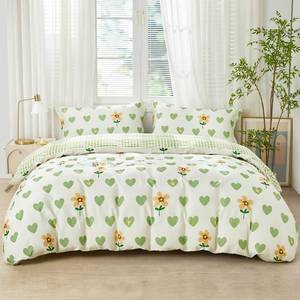 lot 12154 image: SAPHREAS Green Love Pattern Duvet Cover Set Full Size 2pcs 100% Cotton Yellow Floral Bedding Comforter Set 2pcs 1 Duvet Cover 2 Pillow Shams - Retail $50