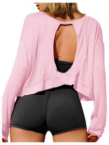 lot 12175 image: SOLY HUX Womens Open Back Tops Cut Out Backless Long Sleeve Tee Athletic Workout Yoga T Shirt Solid Pink Small - Retail $23,870