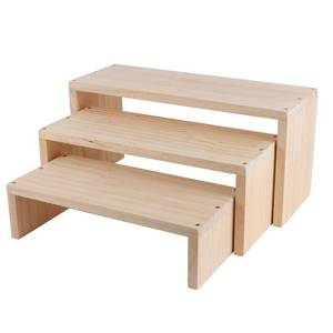 lot 13372 image: WIQARJ 3-Tier risers display stands, Wooden Retail Display Rack for retail Rustic Tabletop Display rack for cupcakes, collectibles,jewelry, perfum, Funko Pop Figures - Retail $12,039