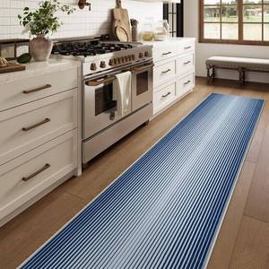 lot 13374 image: LEEVAN Washable 2 x 12 Runner Rug Modern Abstract Hallway Runner Rug 12ft Blue Distressed Kitchen Rugs Long Floor Carpet for Entryway, Bathroom, Laundry, Bedroom - Retail $12,875