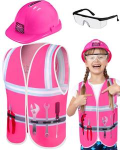 lot 13383 image: Handepo Construction Worker Costume Kids Hard Hat Construction Vest Goggles Toddler Dress Up Set Birthday Party Girls Boys(Pink, Black) - Retail $28