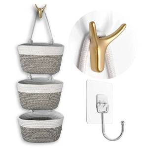 lot 13389 image: HaoTuJoho 3-Tier Decorative Cotton Rope Hanging Basket, Wall-Mounted Woven Storage Organizer Bag, White  Gray - Retail $20