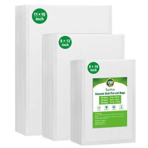 lot 13422 image: Syntus Vacuum Sealer Bags, 150 Gallon 11 x 16in and Quart 8in x 12in and Pint 6in x 10in Commercial Grade PreCut Bag, BPA Free Food Vac Bags for Storage, Meal Prep or Sous Vide - Retail $24in