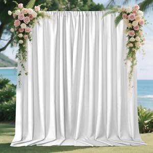 lot 13431 image: Joydeco White Curtains Backdrop for Wedding Parties, Photo Backdrop Curtains for Wedding Decorations Birthday, Wrinkle Free Polyester 5ft x 10ft Fabric Drape 2 Panels with Rod Pockets - Retail $20