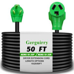 lot 13432 image: Gerguirry 3 Prong 50 Feet Dryer Extension Cord, 30 Amp NEMA 10-30P to 10-30R Heavy Duty Cord, Use for Dryer Power Extension and Level 2 EV Charging, 125 Volt250 Volt 10-AWG Gauge, ETL Listed - Retail $100
