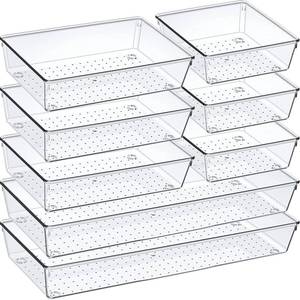 lot 13442 image: Criusia Drawer Organizer Set, Acrylic Non Slip Non Cracking Kitchen Drawer Storage Tray Large Size Divider, Multifunctional Storage for Cosmetics, Bathroom, Tools, Kitchen and Office (8 PACK) - Retail $29