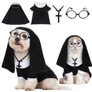 lot 14005 image: Huhumy 4 Pcs Dog Halloween Nun Costume Set Pet Nun Clothes with Lensless Glasses Cross Necklace Funny Cat Puppy Cosplay Party Outfits for Halloween Dogs Cats Dress Up Holiday Uniform Cosplay(M) - Retail $24