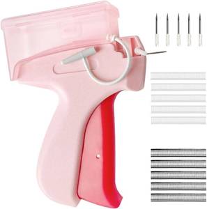 lot 14010 image: Clothing Needle Gun, Clothing Tag Gun, Quick Stitch Sewing Gun, Trimming Tool Set with 6 Needles, 1000 Black and 1000 White Fasteners, Pink - Retail $13