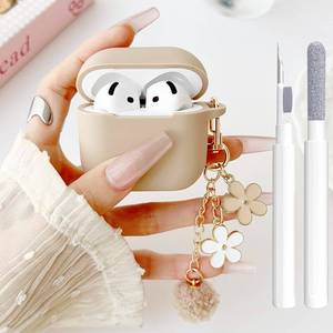 lot 14018 image: Cute Milk Tea Case for Airpods 4 Cover for Girl Women with Pom pom Flower Charms Keychain and Cleaner Kit, Soft iPods 4 Silicone Airpods iPod 4th Gen Protective Cover Skin for Airpod 4 2024 - Retail $8