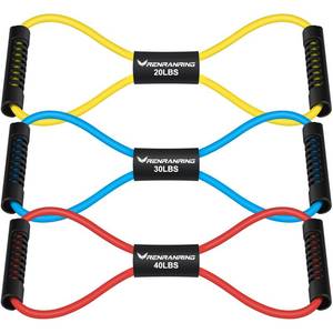 lot 14025 image: RENRANRING Figure 8 Fitness Resistance Bands with Handles - Exercise Tube Band Set of 3 for Arm and Shoulder Stretch, Rope 8 Word Elastic for Women and Men - Retail $11